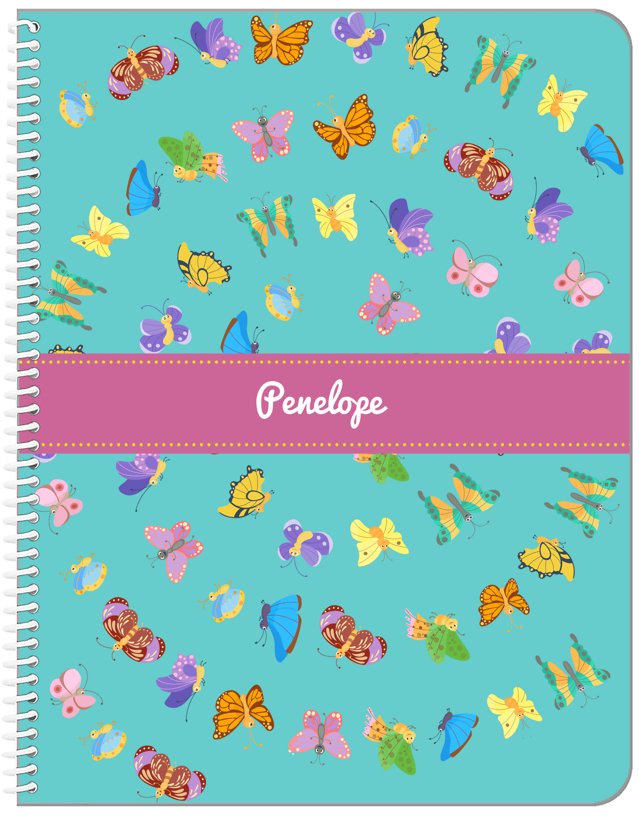 Personalized Butterfly Notebook III - Teal Background - Ribbon Nameplate - Front View
