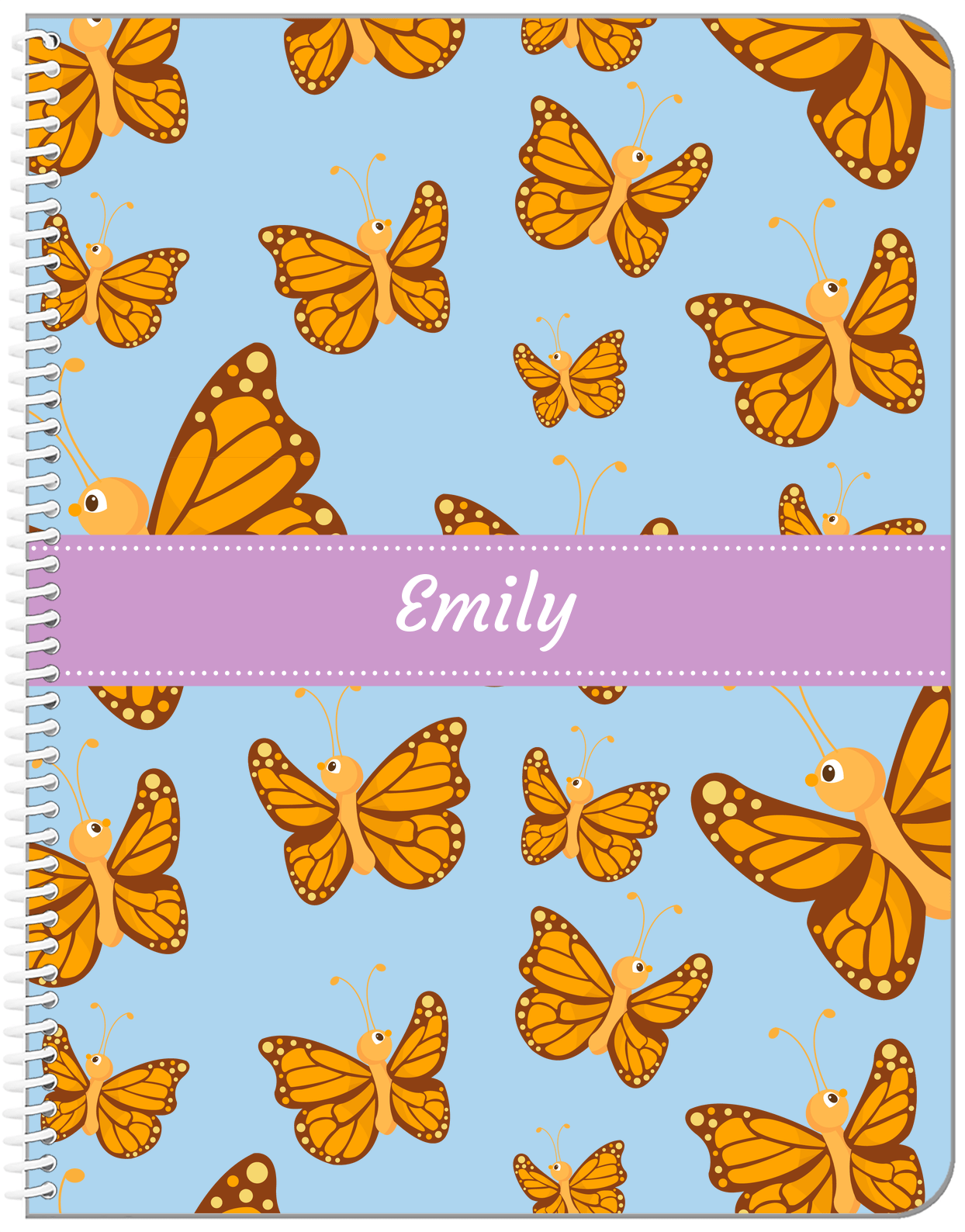 Personalized Butterfly Notebook I - Blue Background - Orange Butterflies - Front View