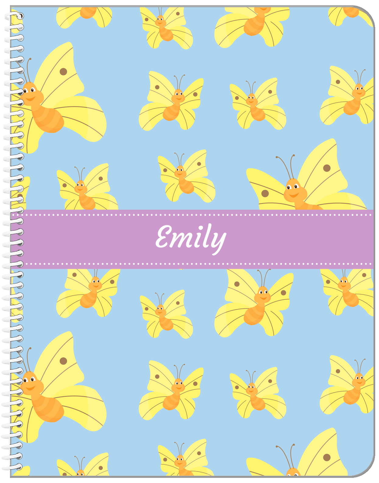 Personalized Butterfly Notebook I - Blue Background - Yellow Butterflies I - Front View