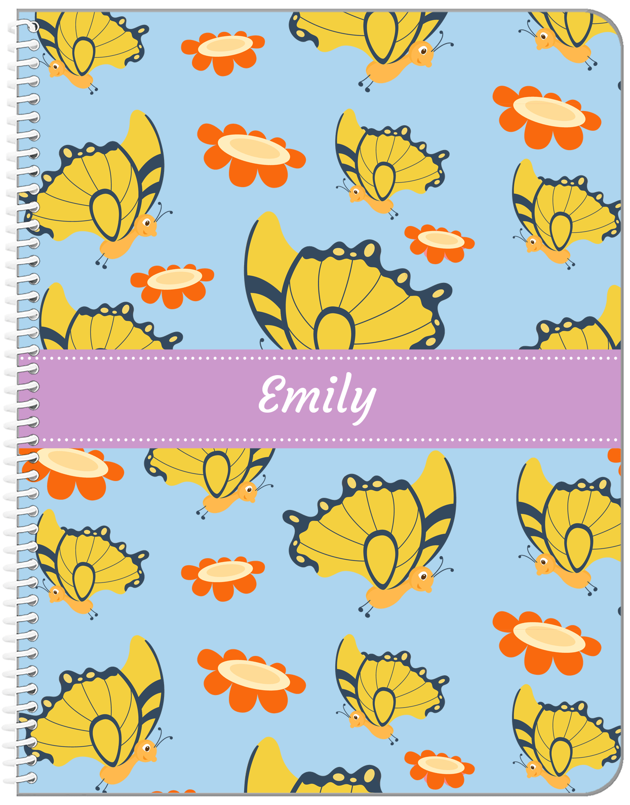 Personalized Butterfly Notebook I - Blue Background - Yellow Butterflies II - Front View