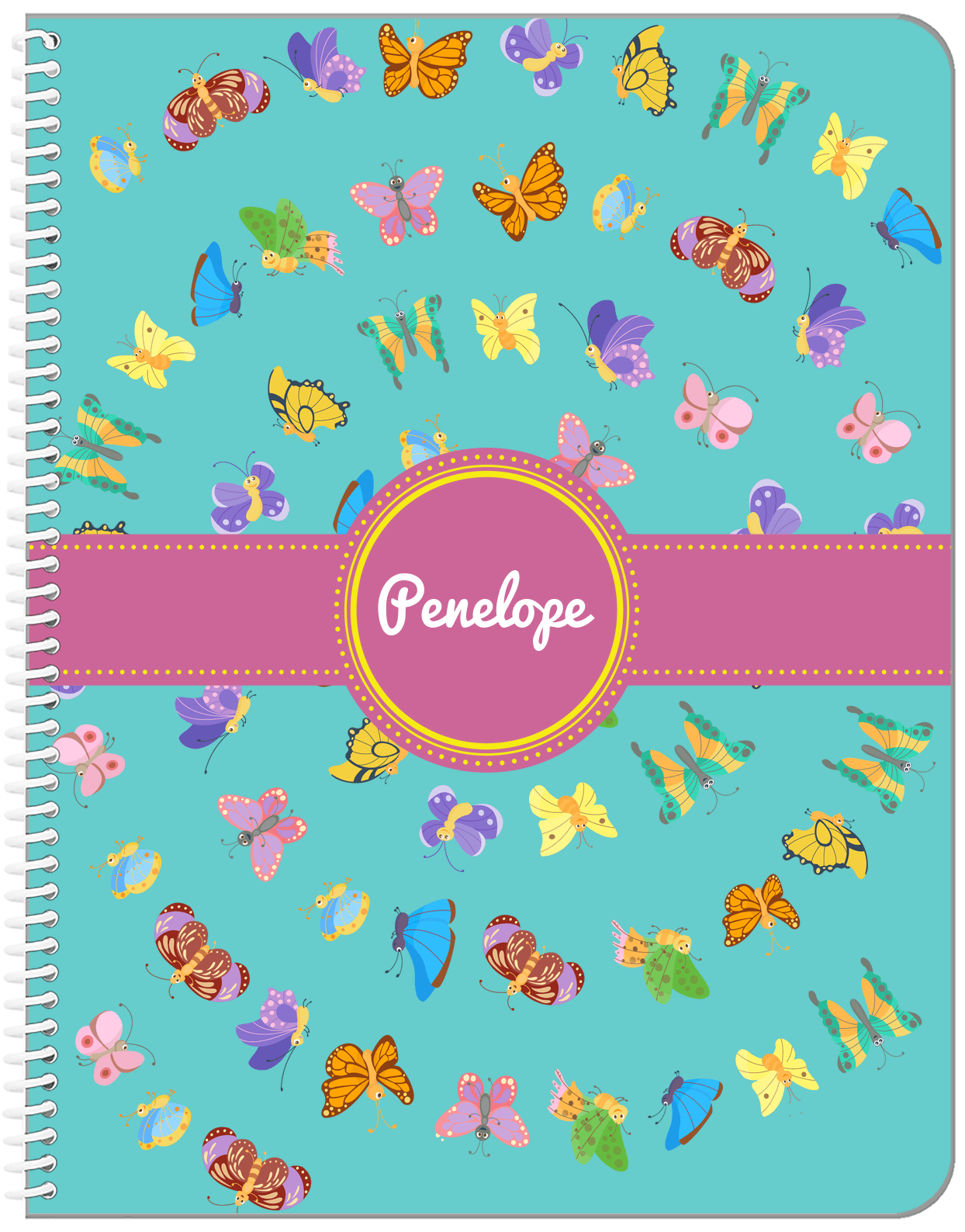 Personalized Butterfly Notebook III - Teal Background - Circle Ribbon Nameplate - Front View