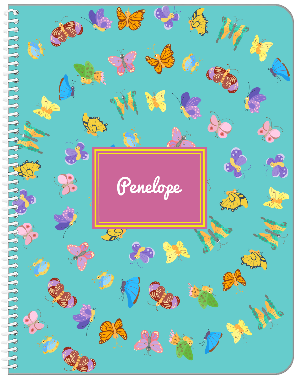 Personalized Butterfly Notebook III - Teal Background - Rectangle Nameplate - Front View