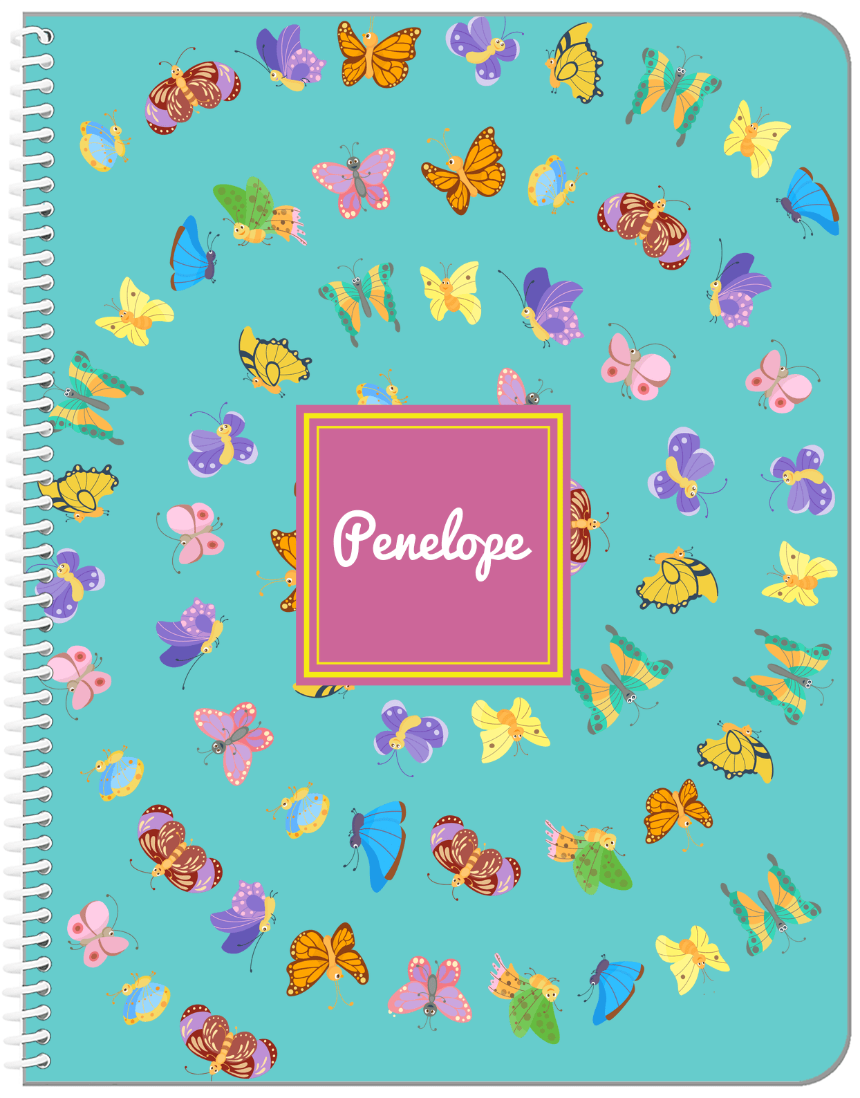 Personalized Butterfly Notebook III - Teal Background - Square Nameplate - Front View
