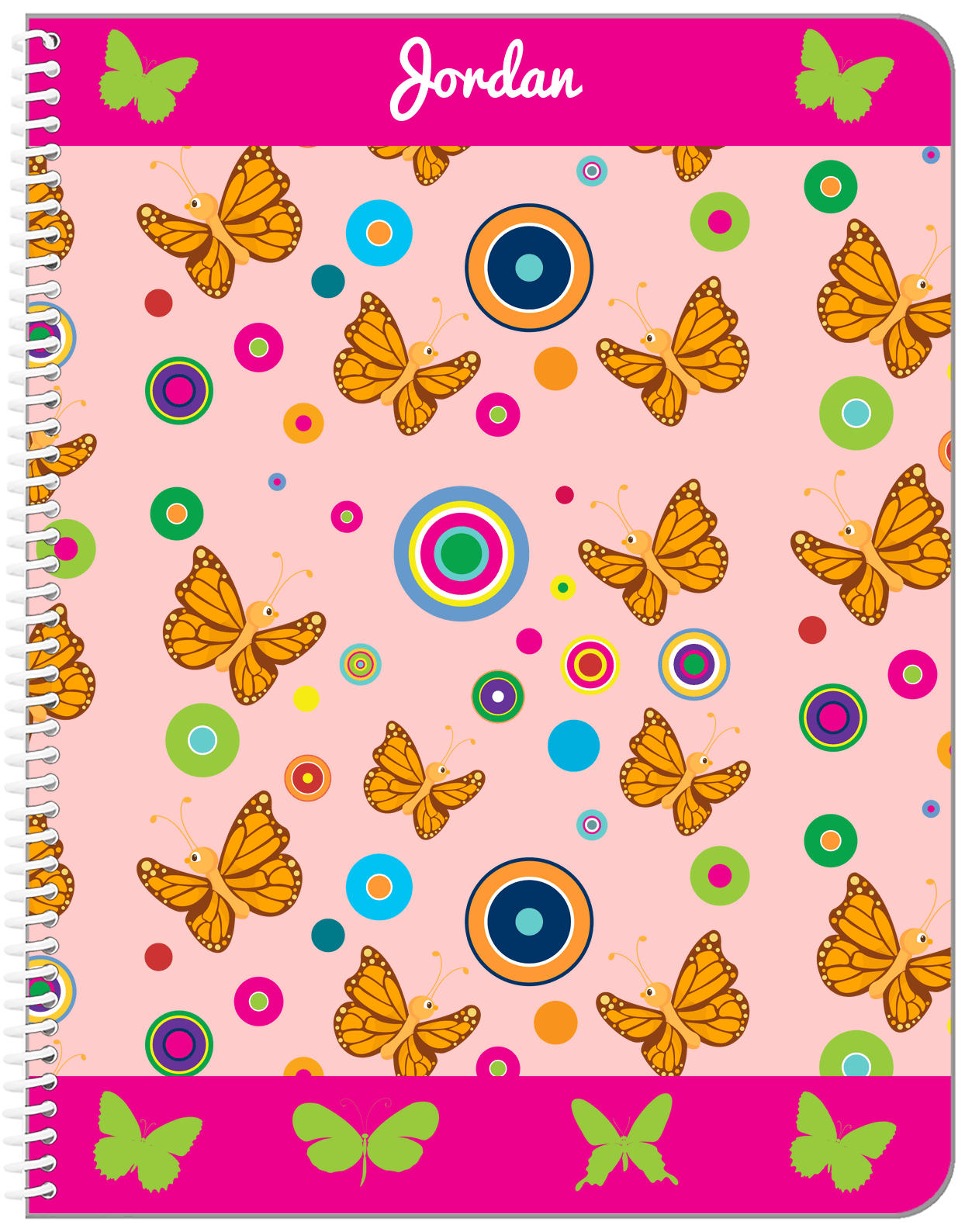 Personalized Butterfly Notebook IV - Pink Background - Orange Butterflies - Front View