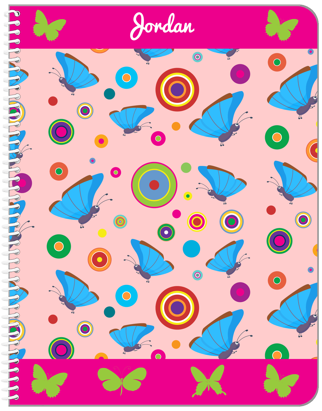 Personalized Butterfly Notebook IV - Pink Background - Blue Butterflies I - Front View
