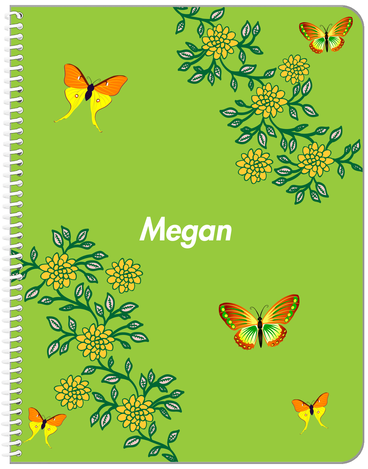 Personalized Butterfly Notebook IX - Green Background - Orange Butterflies I - Front View