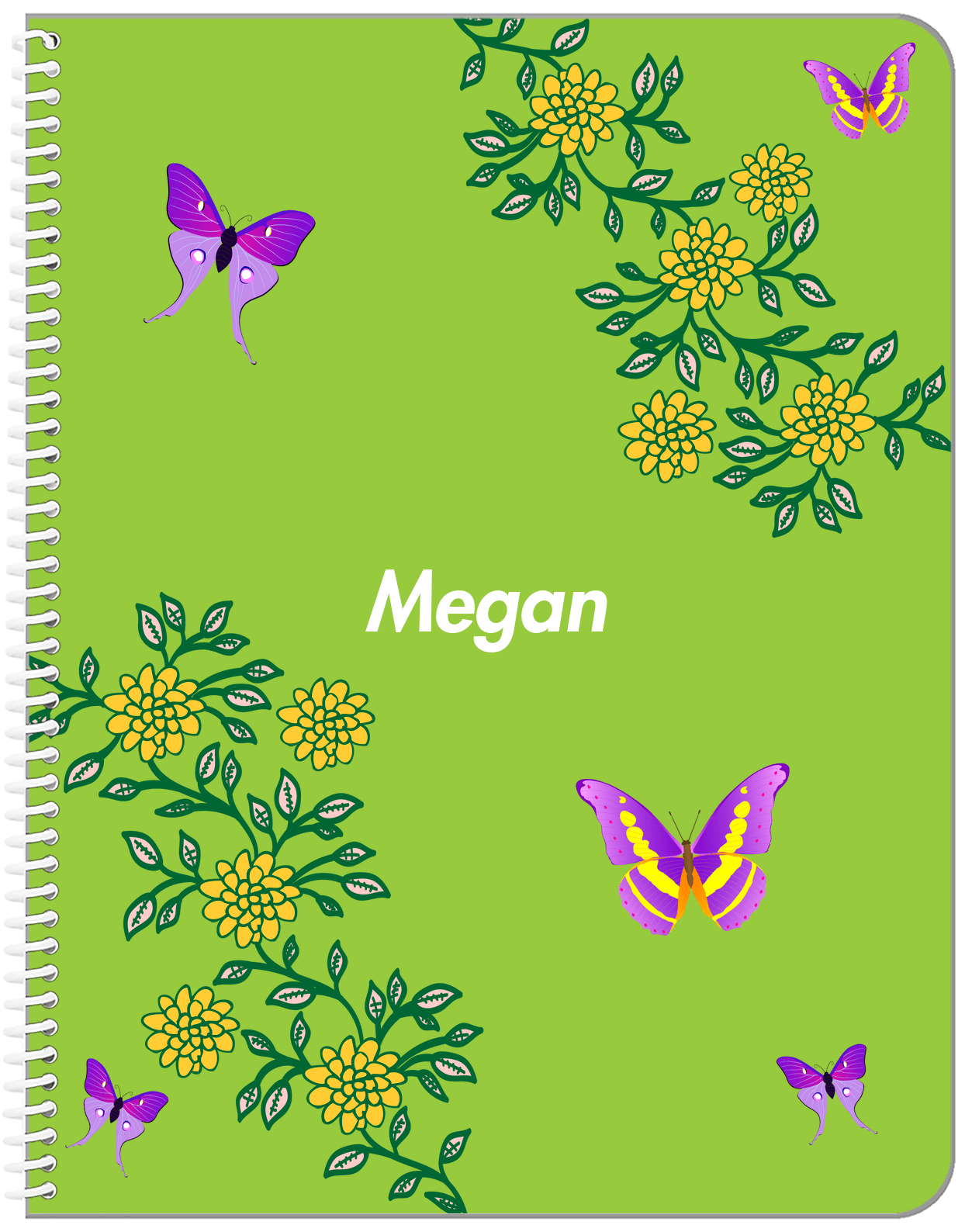 Personalized Butterfly Notebook IX - Green Background - Purple Butterflies I - Front View