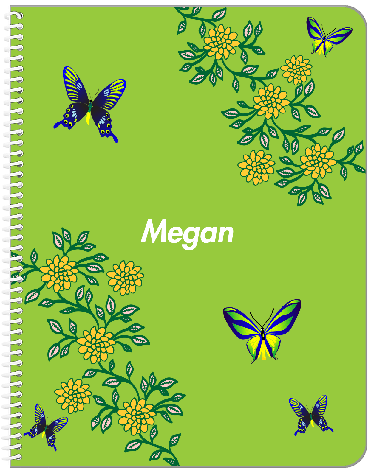 Personalized Butterfly Notebook IX - Green Background - Blue Butterflies I - Front View