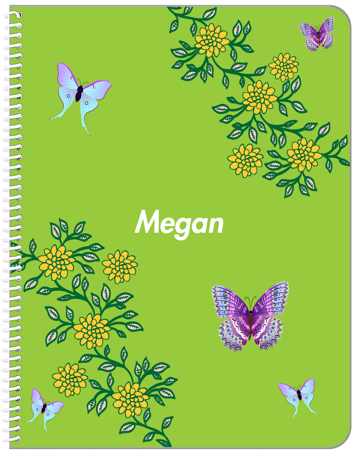 Personalized Butterfly Notebook IX - Green Background - Purple Butterflies III - Front View