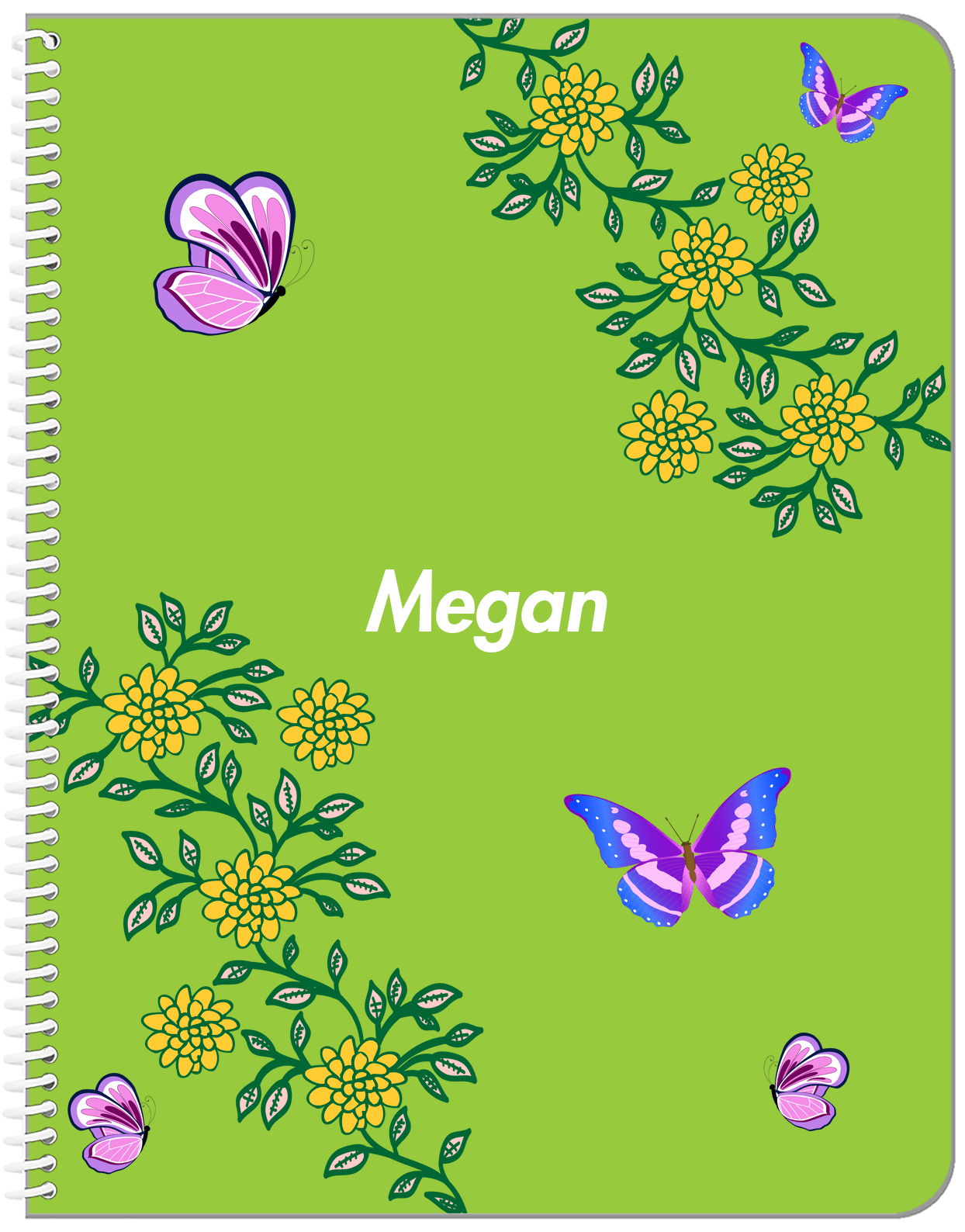 Personalized Butterfly Notebook IX - Green Background - Purple Butterflies V - Front View