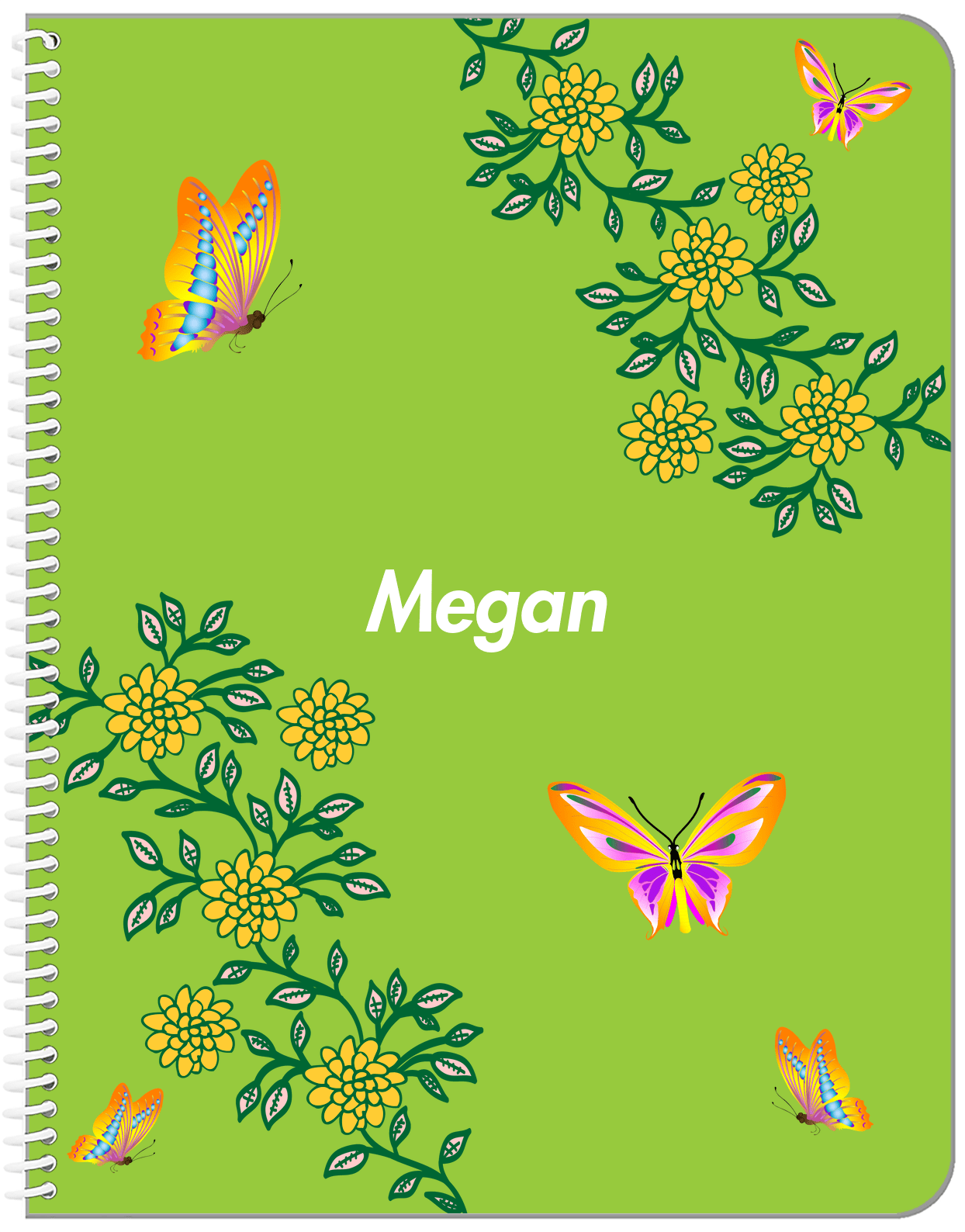 Personalized Butterfly Notebook IX - Green Background - Orange Butterflies IV - Front View