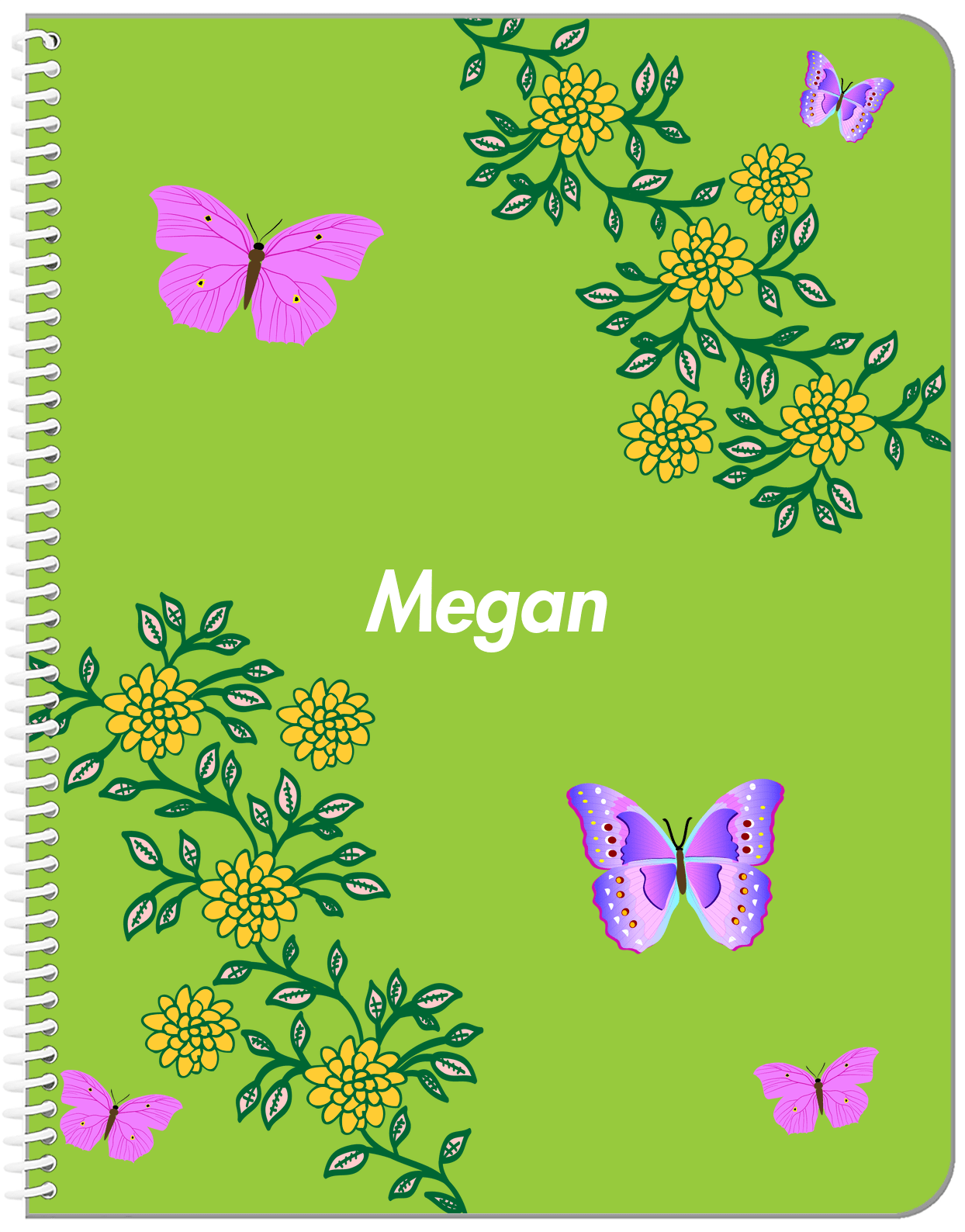 Personalized Butterfly Notebook IX - Green Background - Pink Butterflies III - Front View