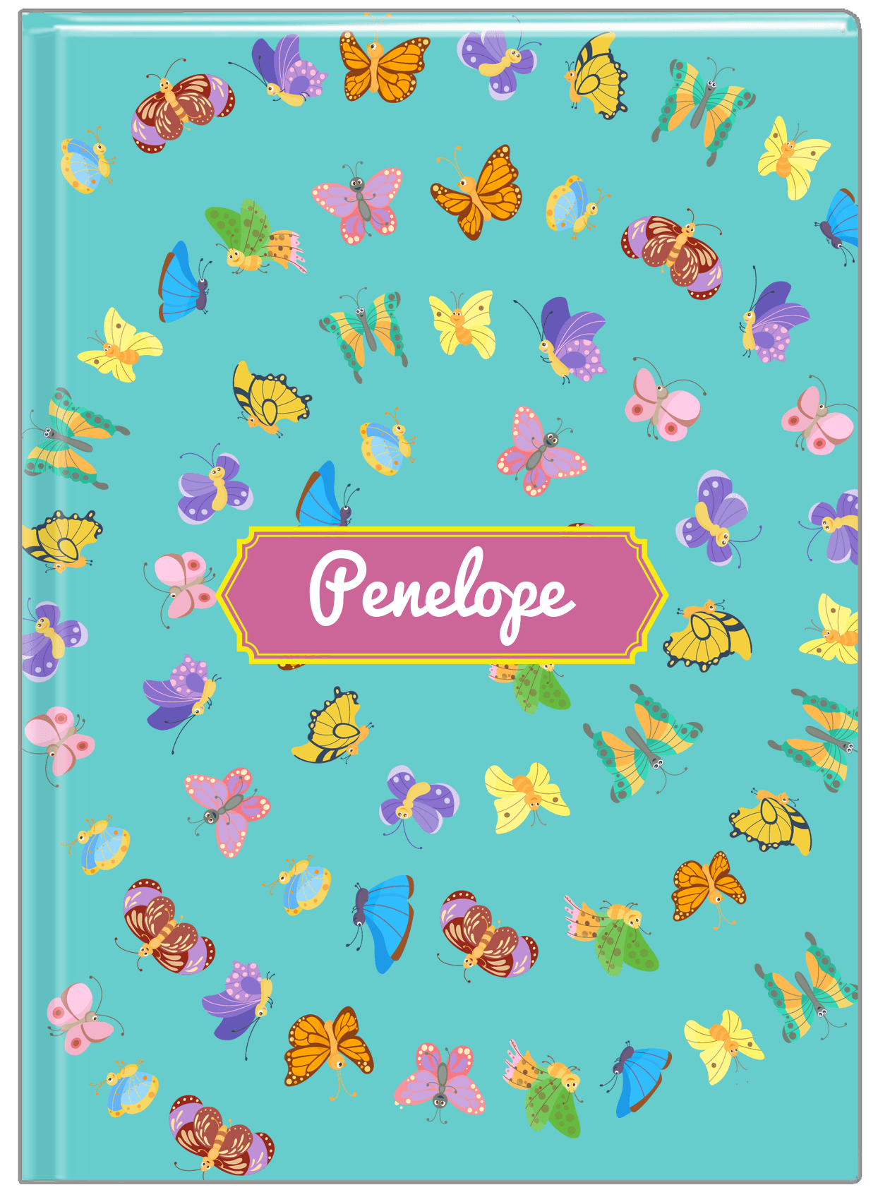 Personalized Butterfly Journal III - Teal Background - Decorative Rectangle Nameplate - Front View