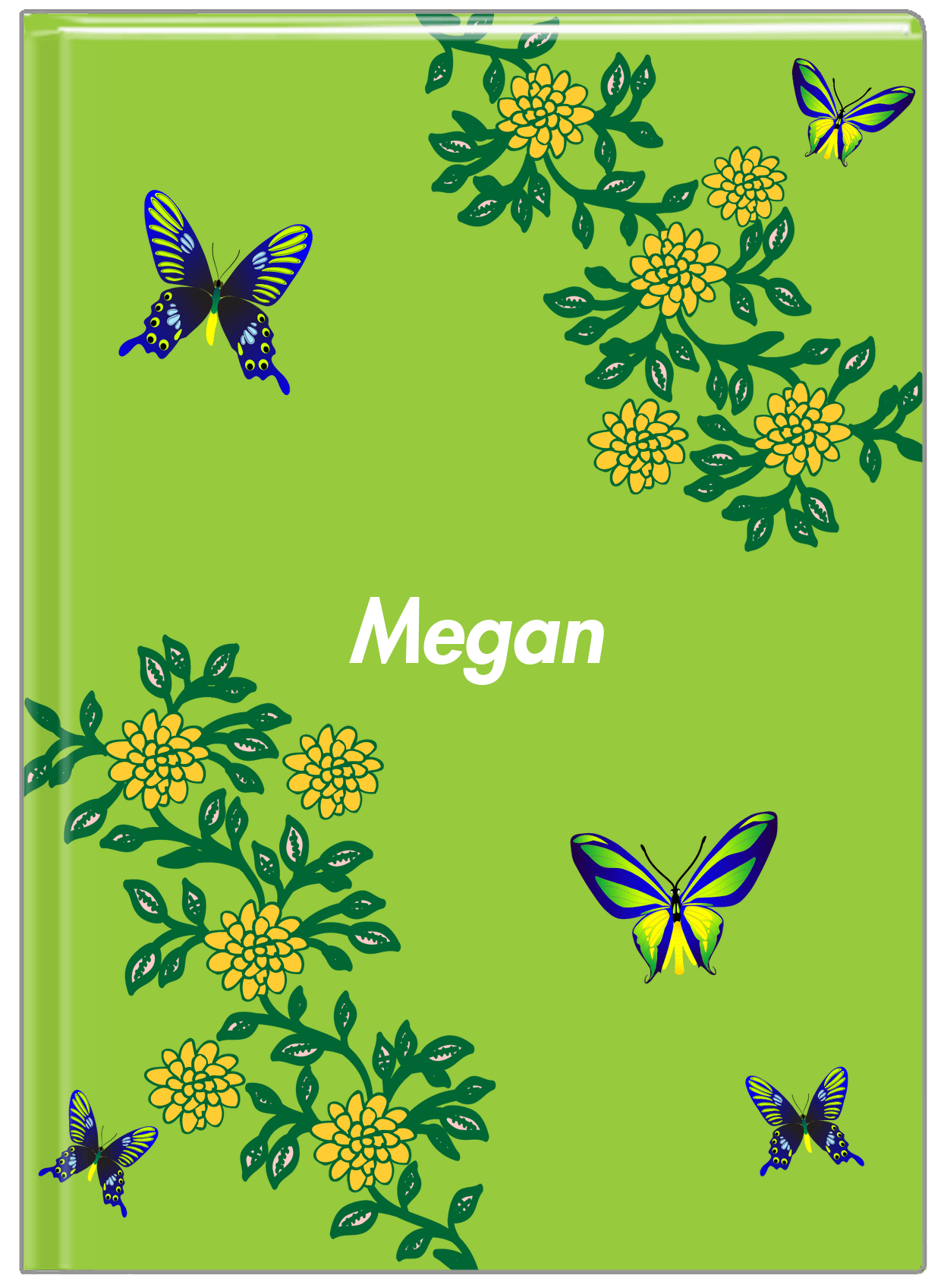 Personalized Butterfly Journal IX - Green Background - Blue Butterflies I - Front View