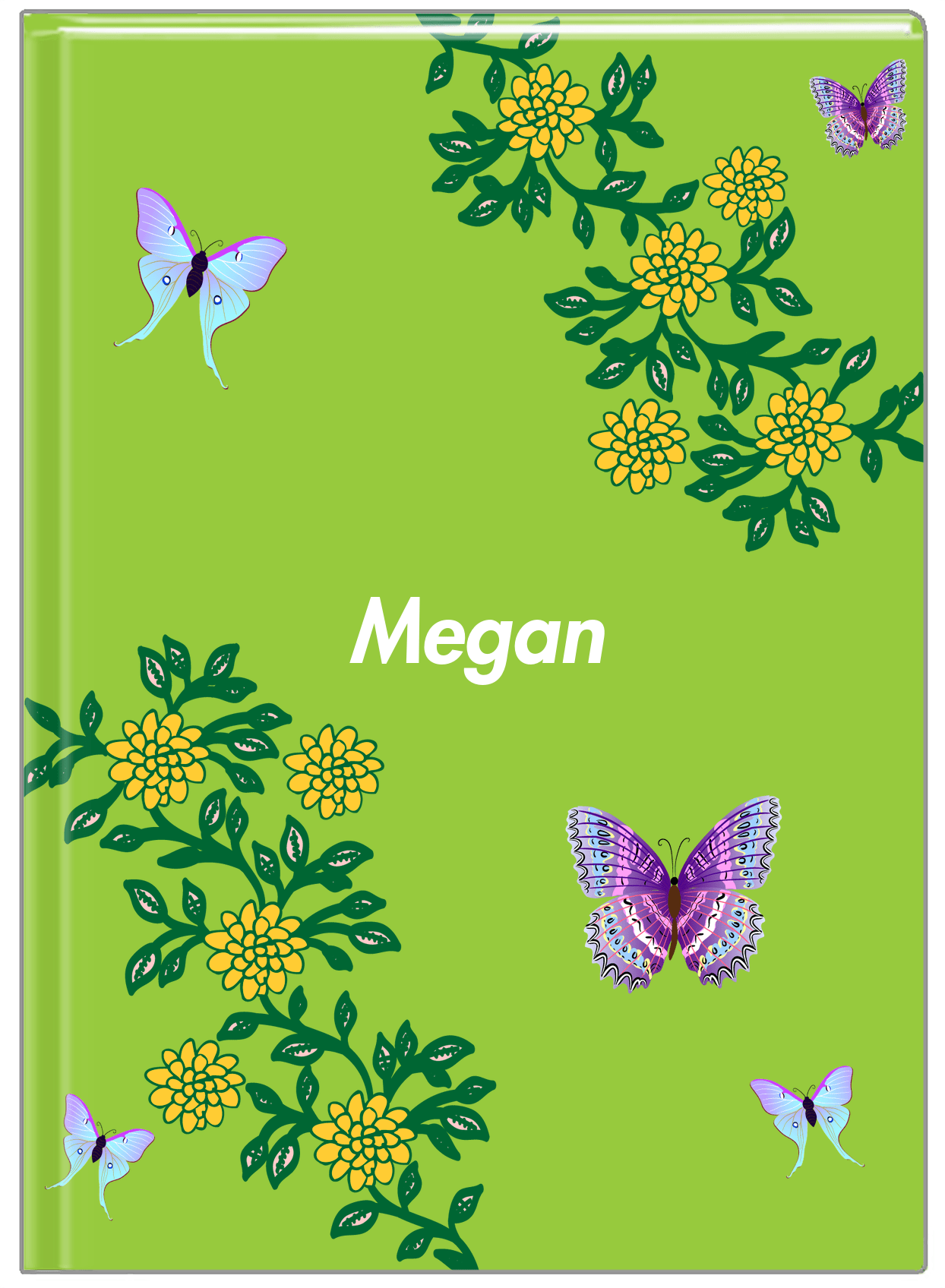 Personalized Butterfly Journal IX - Green Background - Purple Butterflies III - Front View