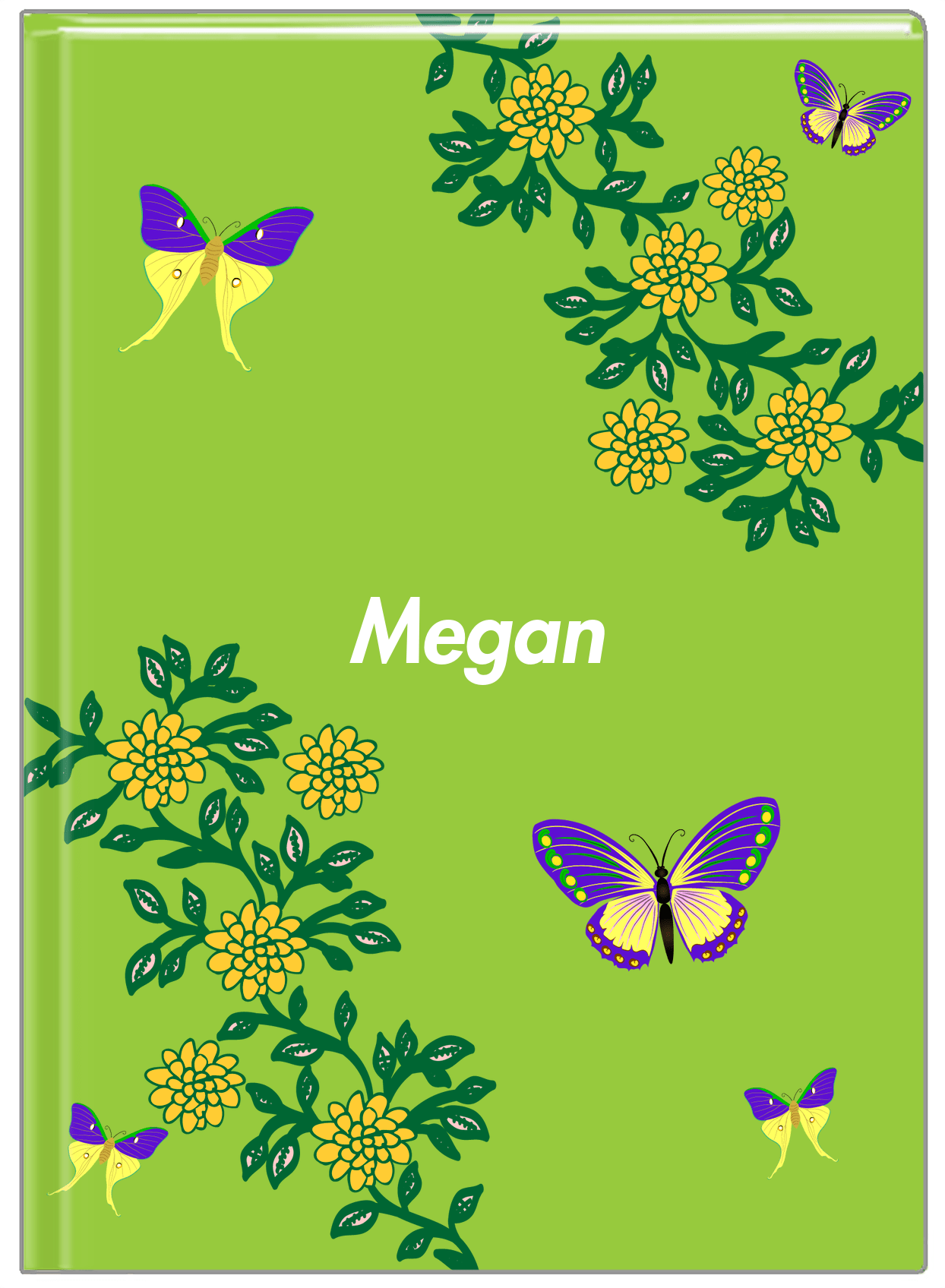 Personalized Butterfly Journal IX - Green Background - Purple Butterflies IV - Front View