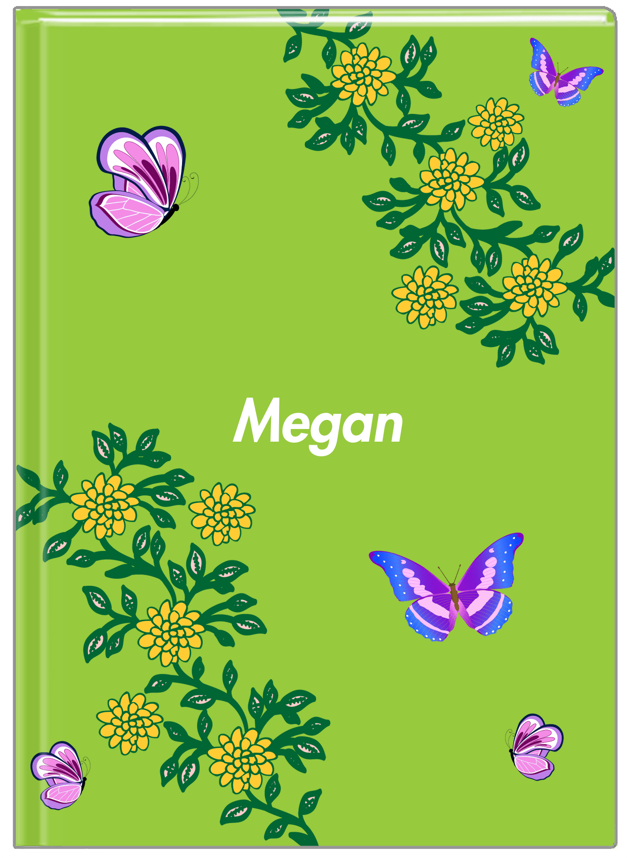 Personalized Butterfly Journal IX - Green Background - Purple Butterflies V - Front View