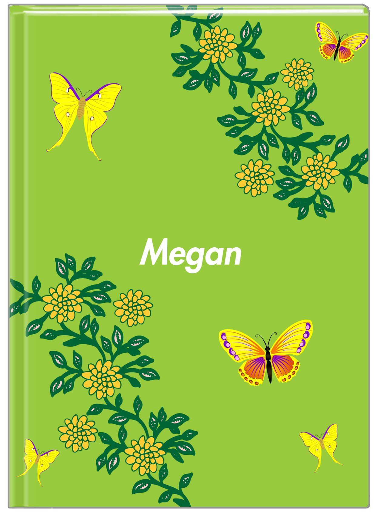 Personalized Butterfly Journal IX - Green Background - Yellow Butterflies - Front View