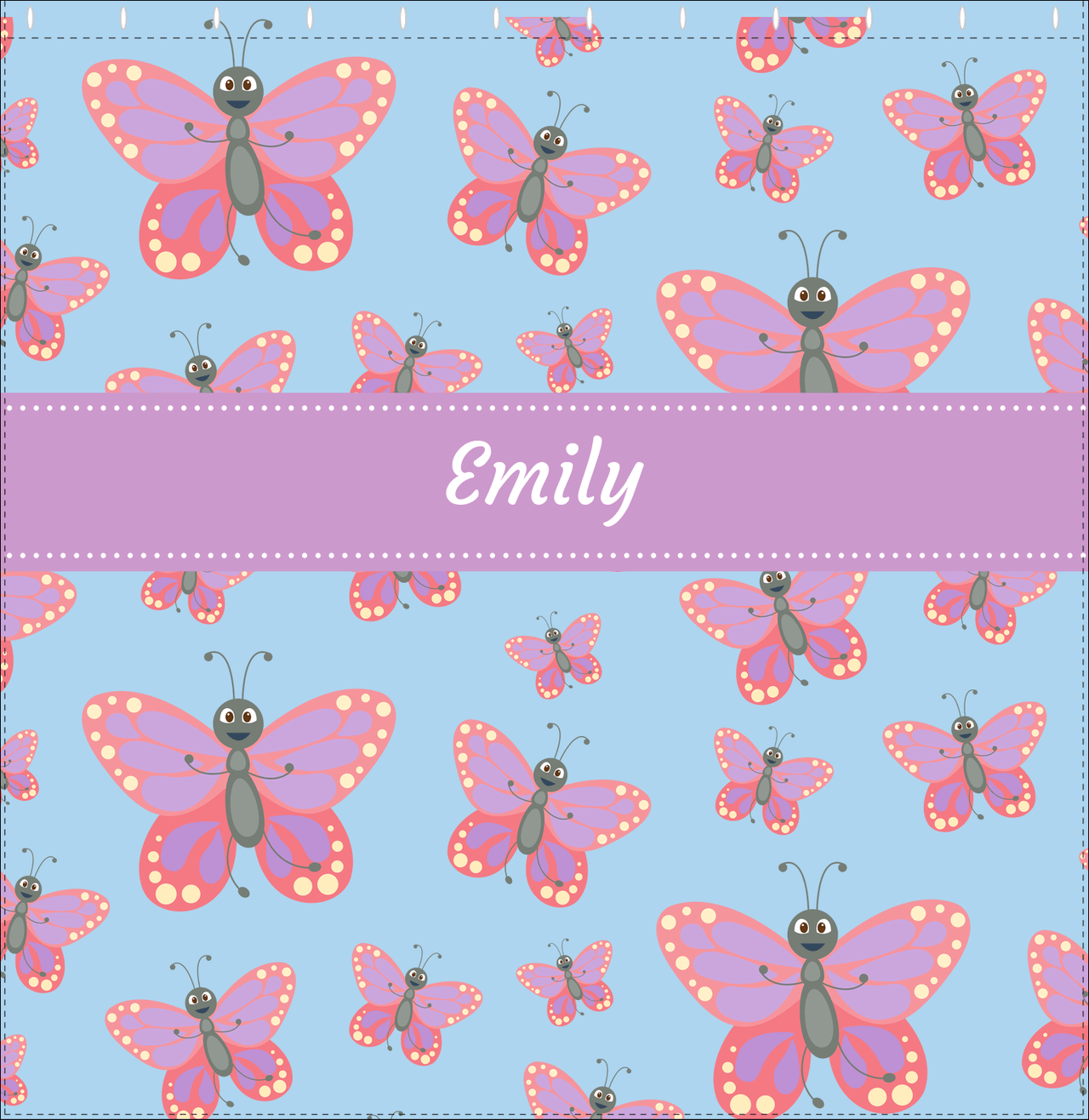 Personalized Butterfly Shower Curtain I - Blue Background - Pink Butterflies I - Decorate View