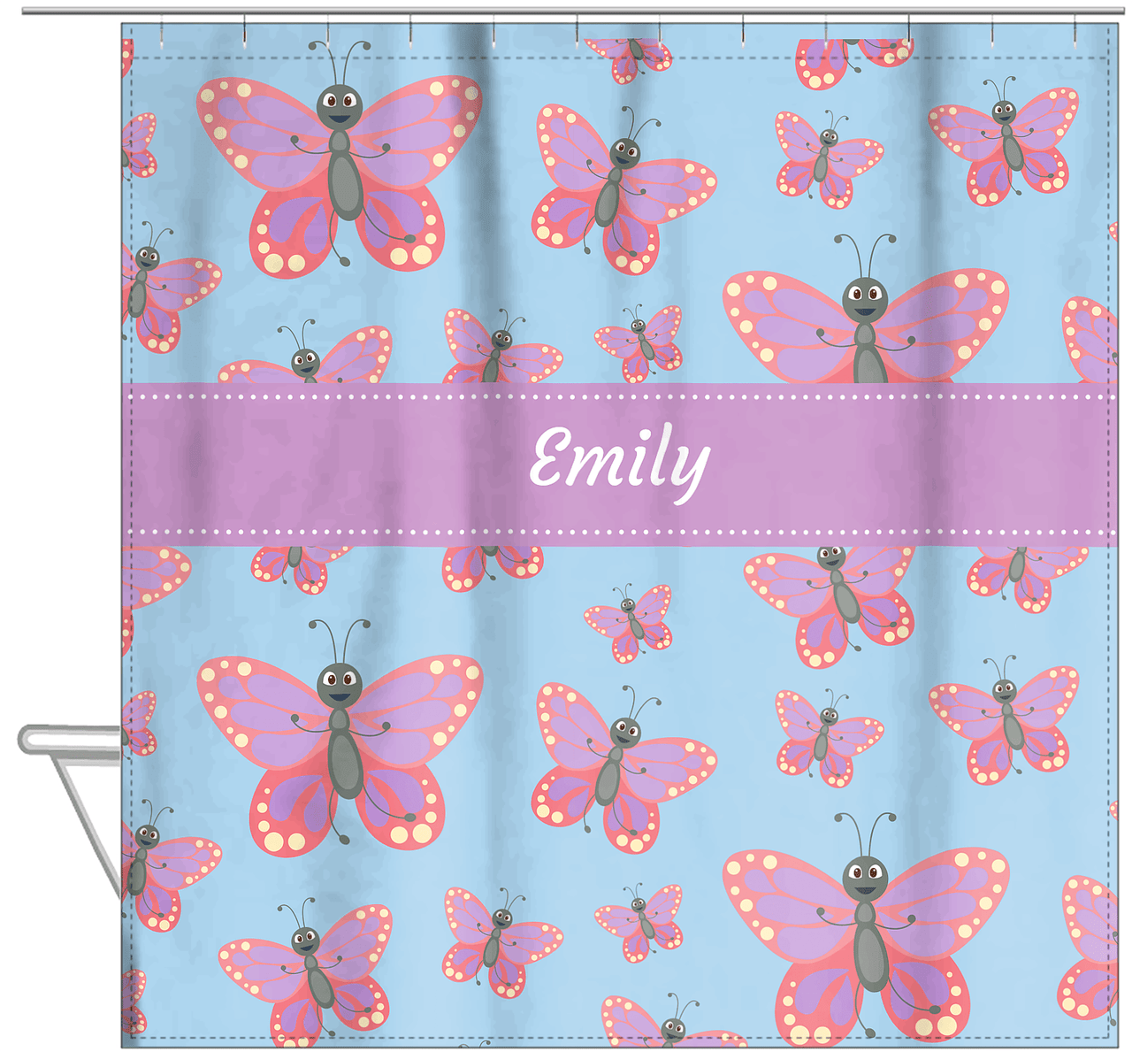 Personalized Butterfly Shower Curtain I - Blue Background - Pink Butterflies I - Hanging View