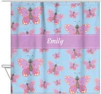 Thumbnail for Personalized Butterfly Shower Curtain I - Blue Background - Pink Butterflies I - Hanging View