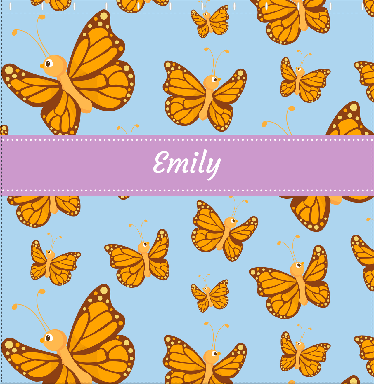 Personalized Butterfly Shower Curtain I - Blue Background - Orange Butterflies - Decorate View