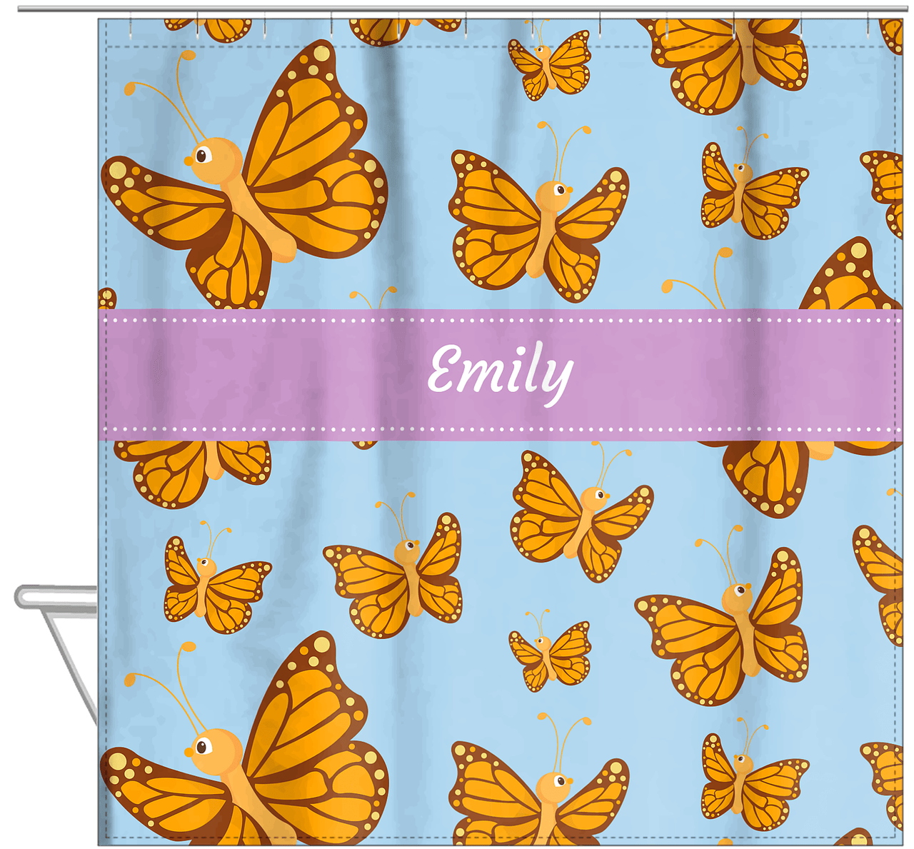Personalized Butterfly Shower Curtain I - Blue Background - Orange Butterflies - Hanging View
