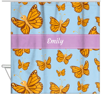Thumbnail for Personalized Butterfly Shower Curtain I - Blue Background - Orange Butterflies - Hanging View
