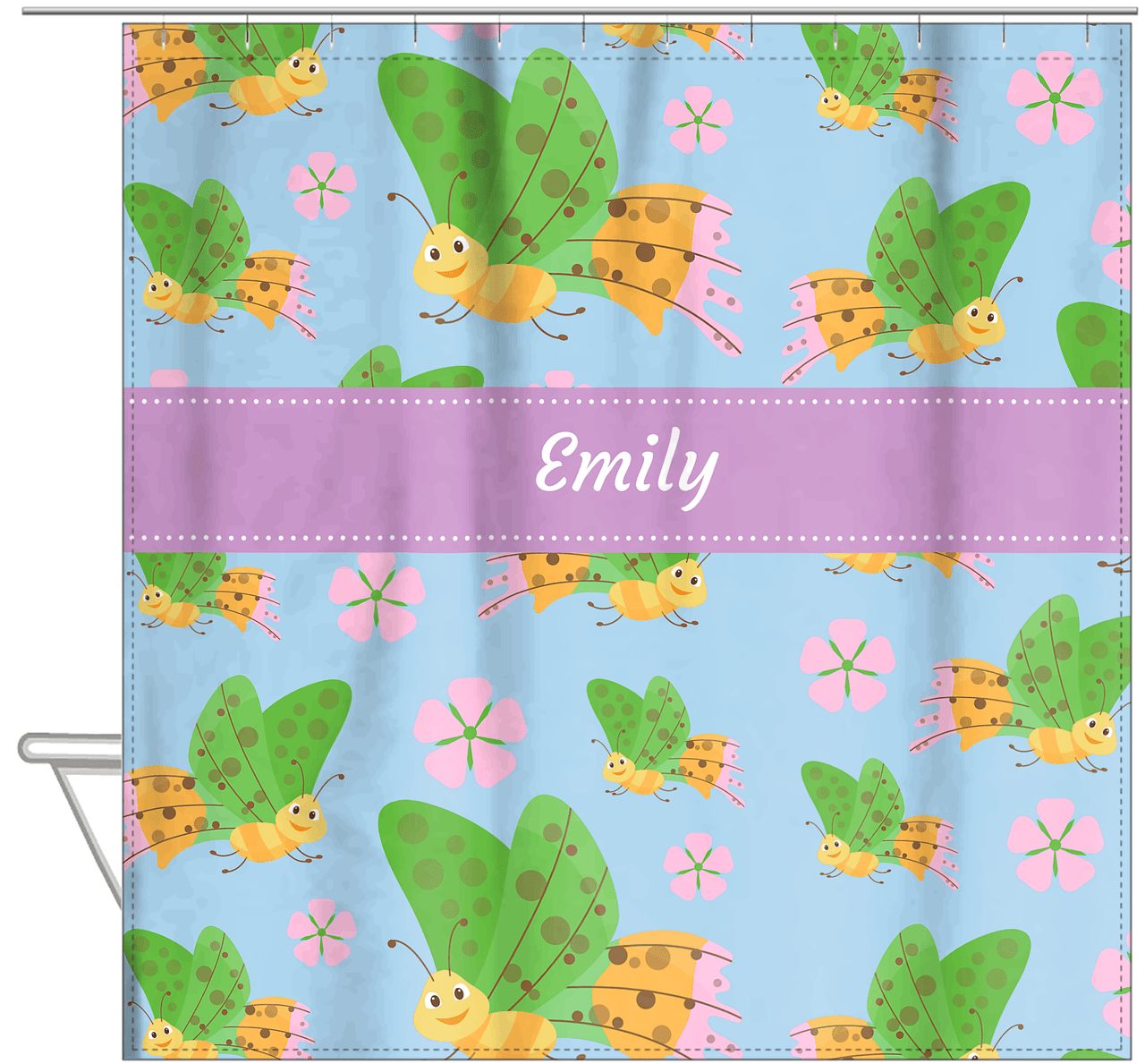Personalized Butterfly Shower Curtain I - Blue Background - Green Butterflies I - Hanging View