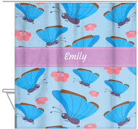 Thumbnail for Personalized Butterfly Shower Curtain I - Blue Background - Blue Butterflies I - Hanging View