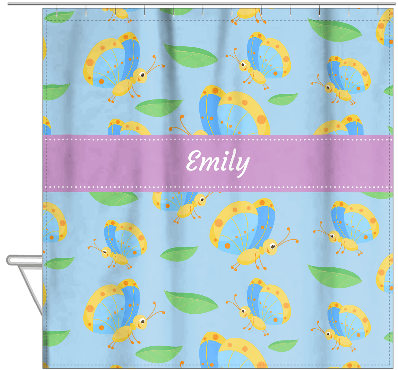 Personalized Butterfly Shower Curtain I - Blue Background - Blue Butterflies II - Hanging View