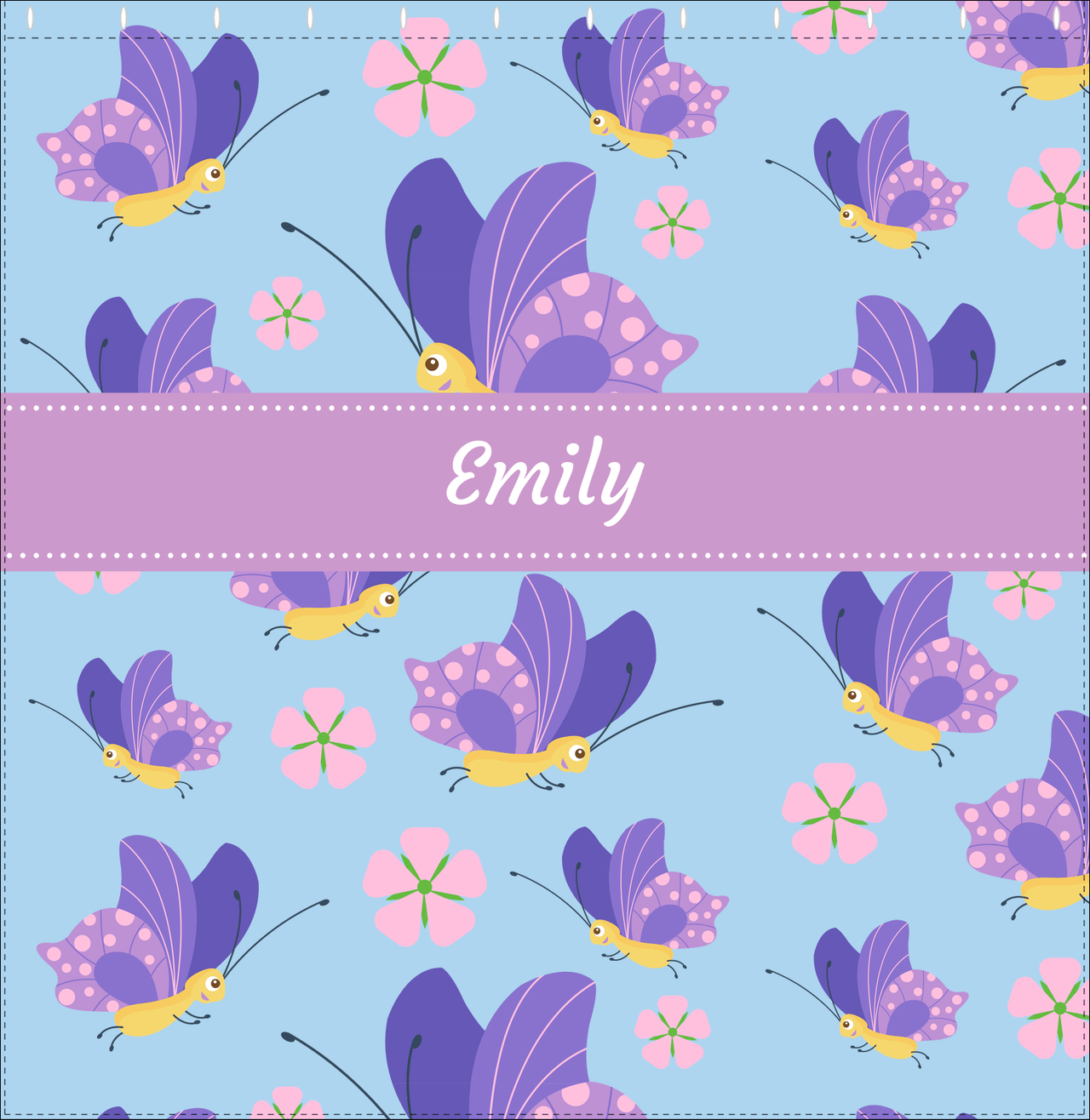 Personalized Butterfly Shower Curtain I - Blue Background - Purple Butterflies I - Decorate View