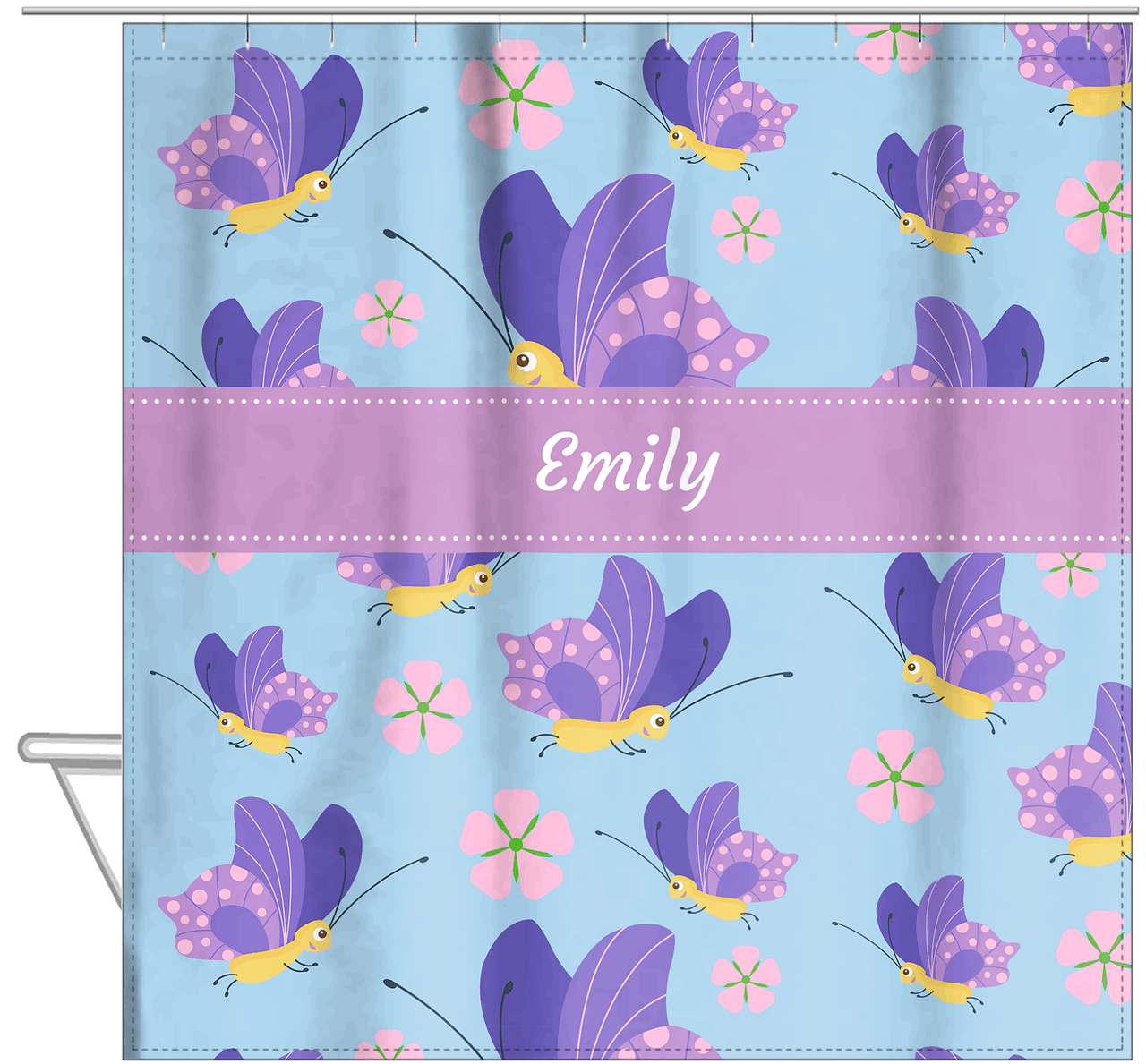 Personalized Butterfly Shower Curtain I - Blue Background - Purple Butterflies I - Hanging View
