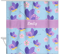 Thumbnail for Personalized Butterfly Shower Curtain I - Blue Background - Purple Butterflies I - Hanging View