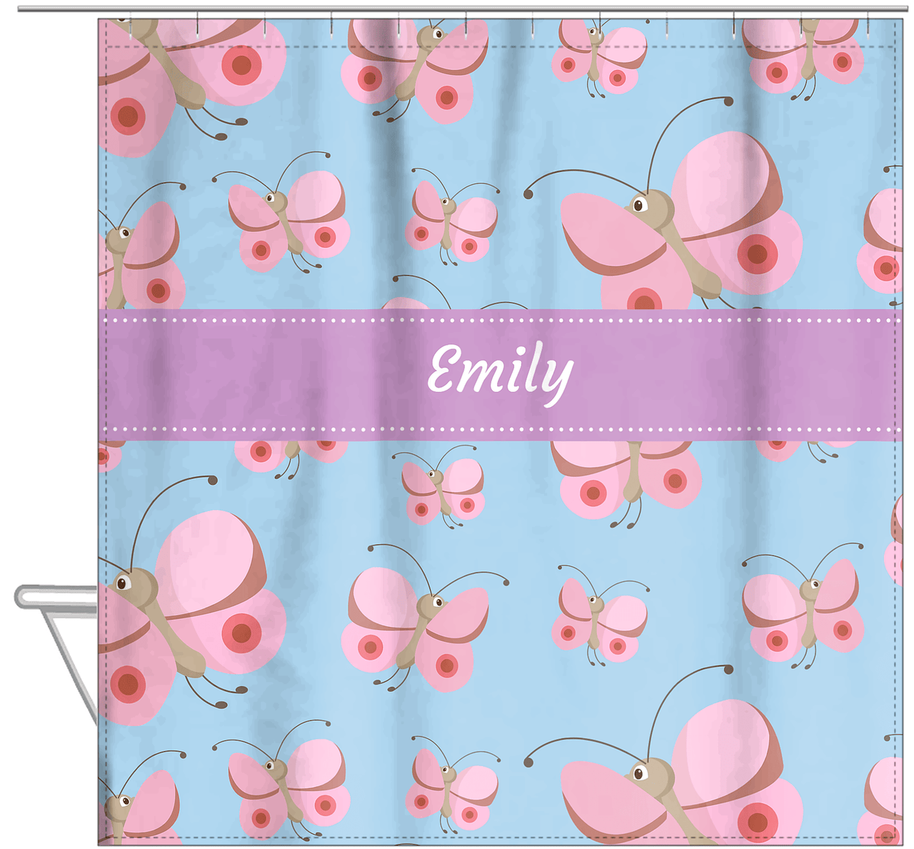 Personalized Butterfly Shower Curtain I - Blue Background - Pink Butterflies II - Hanging View