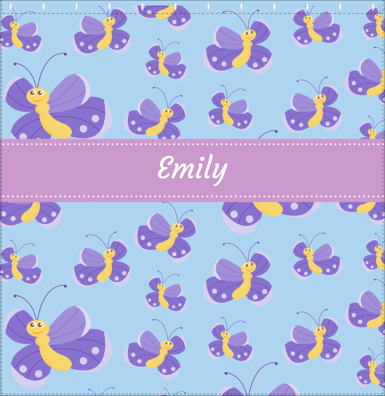 Personalized Butterfly Shower Curtain I - Blue Background - Purple Butterflies II - Decorate View