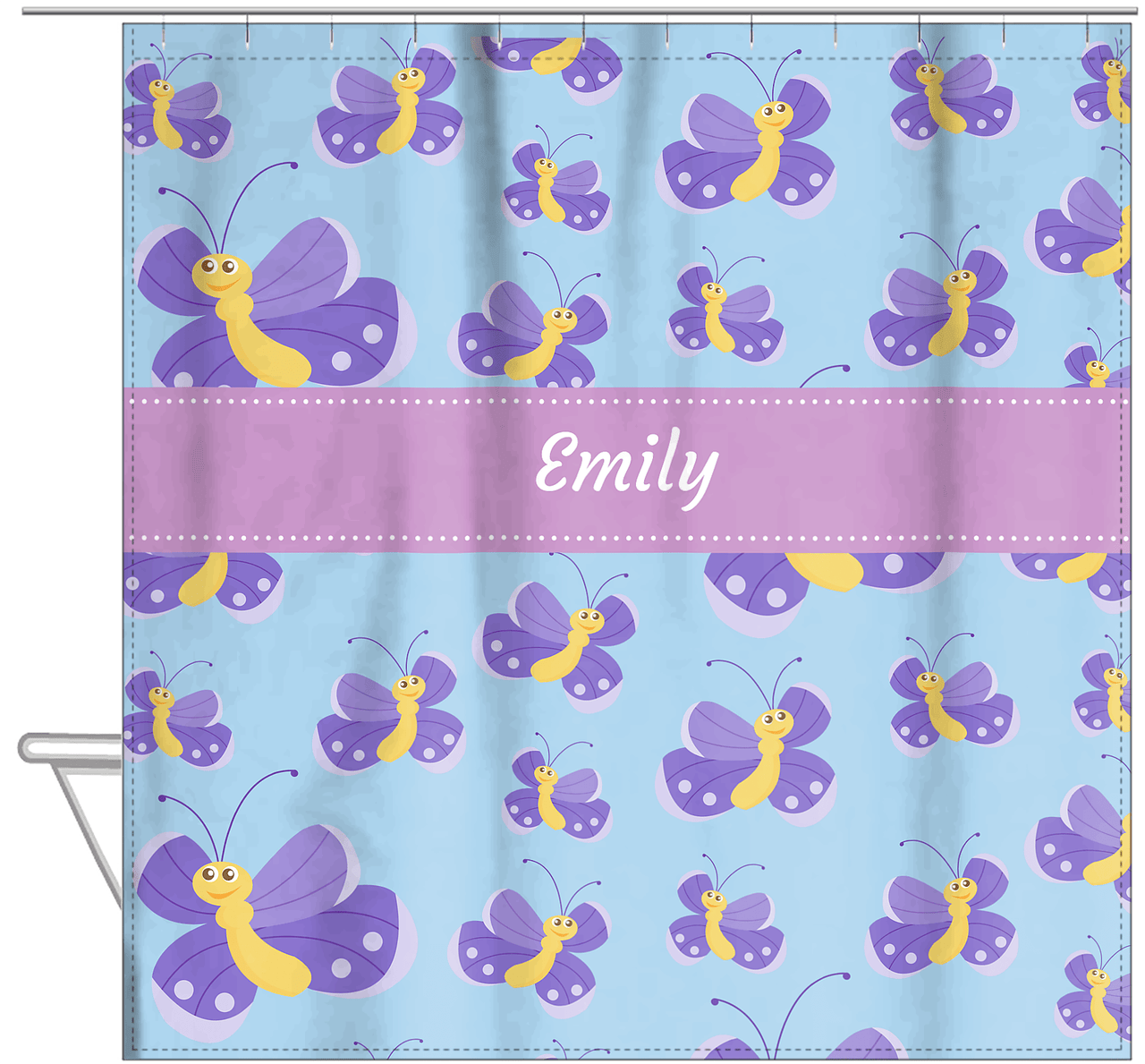 Personalized Butterfly Shower Curtain I - Blue Background - Purple Butterflies II - Hanging View