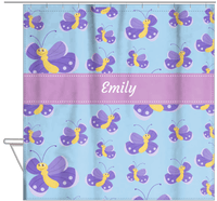 Thumbnail for Personalized Butterfly Shower Curtain I - Blue Background - Purple Butterflies II - Hanging View