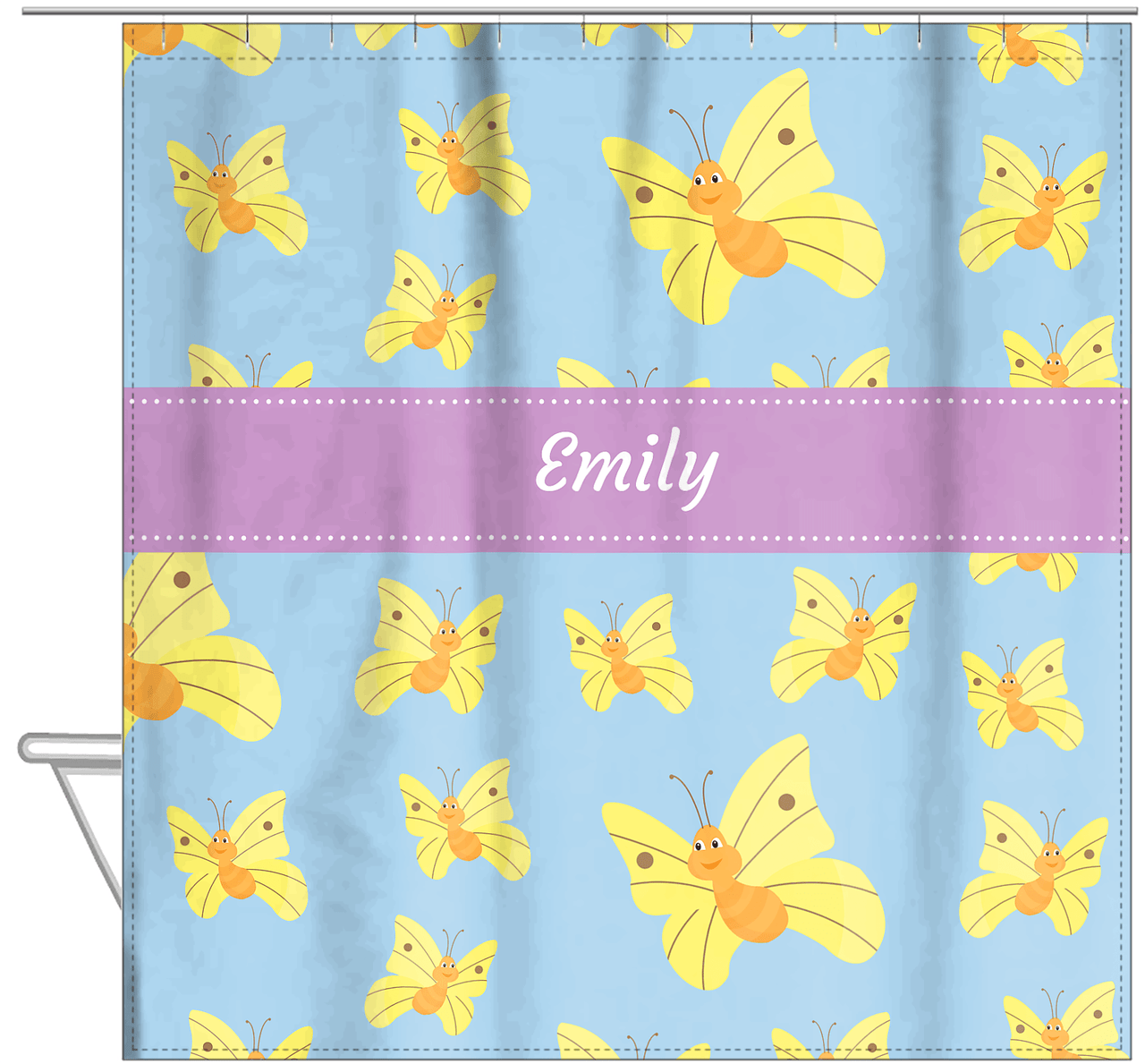 Personalized Butterfly Shower Curtain I - Blue Background - Yellow Butterflies I - Hanging View