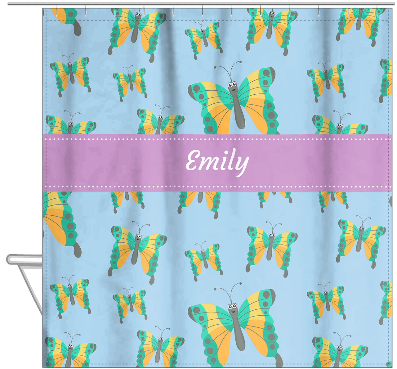 Personalized Butterfly Shower Curtain I - Blue Background - Green Butterflies II - Hanging View