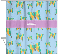 Thumbnail for Personalized Butterfly Shower Curtain I - Blue Background - Green Butterflies II - Hanging View
