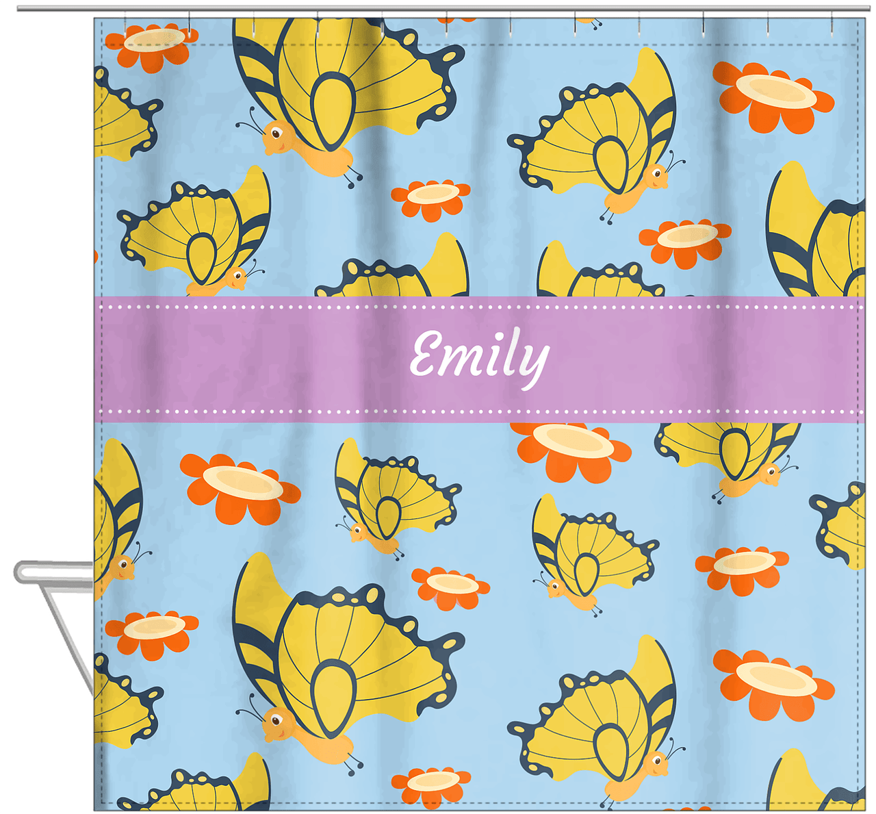 Personalized Butterfly Shower Curtain I - Blue Background - Yellow Butterflies II - Hanging View
