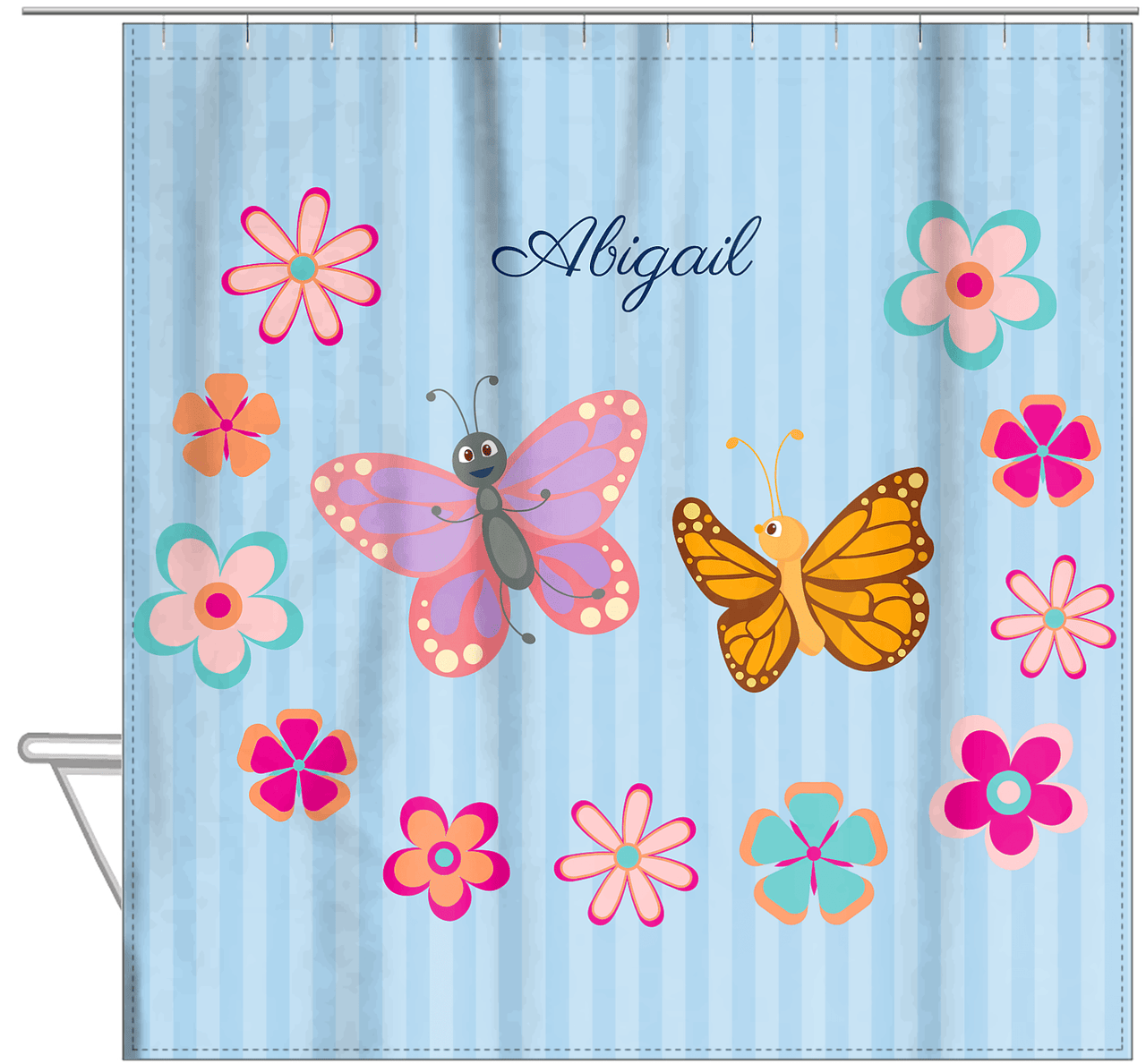 Personalized Butterfly Shower Curtain II - Blue Background - Butterflies I - Hanging View