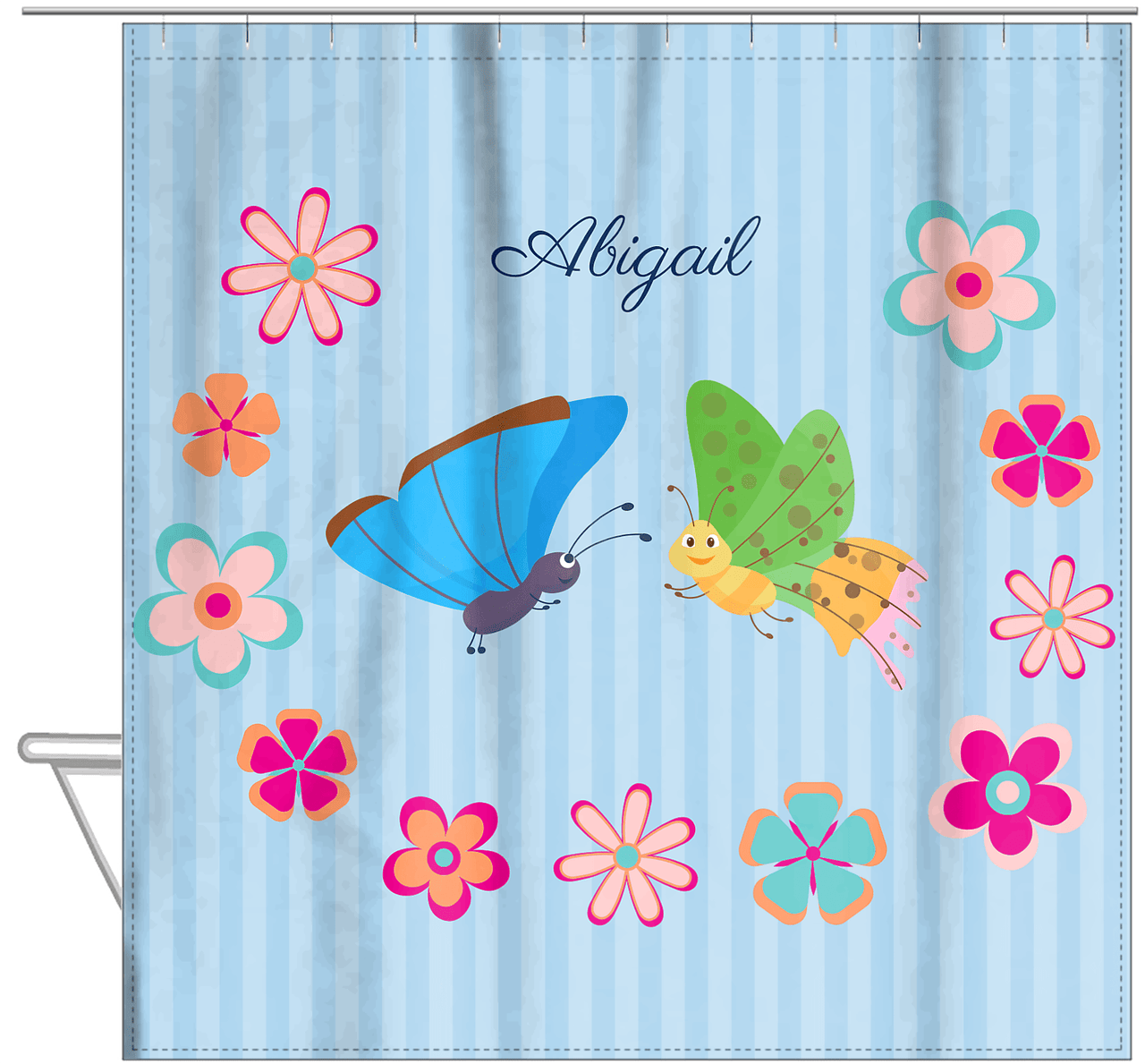 Personalized Butterfly Shower Curtain II - Blue Background - Butterflies II - Hanging View