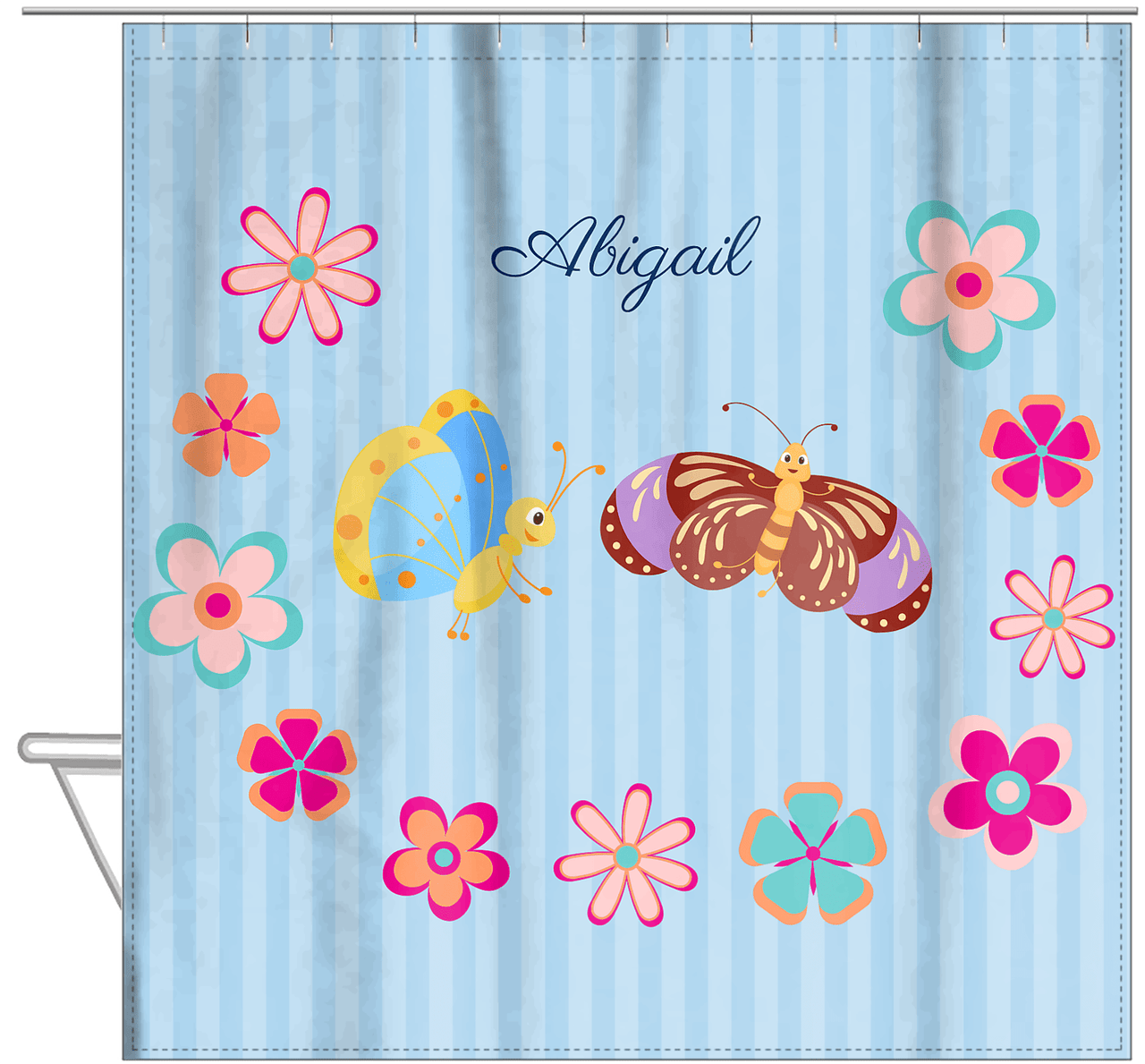 Personalized Butterfly Shower Curtain II - Blue Background - Butterflies III - Hanging View