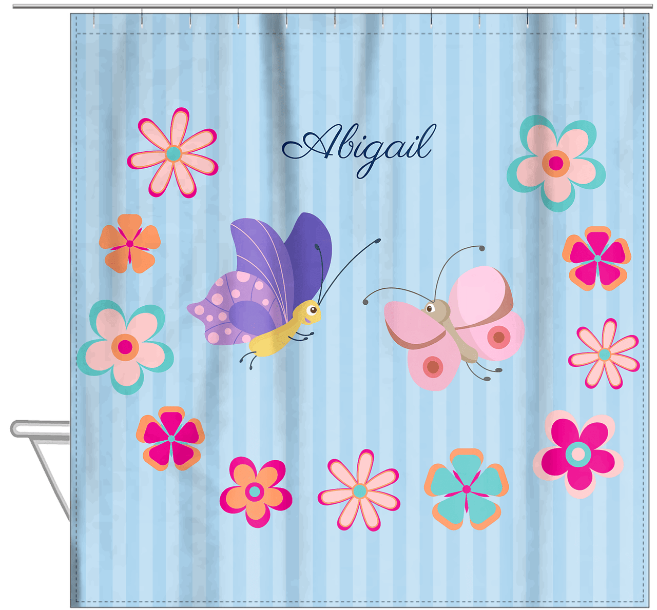 Personalized Butterfly Shower Curtain II - Blue Background - Butterflies IV - Hanging View