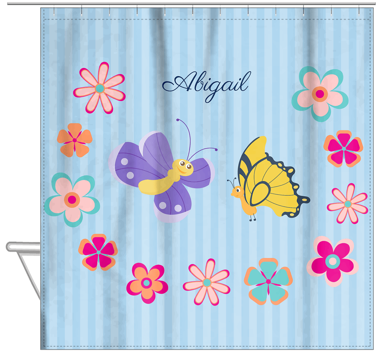 Personalized Butterfly Shower Curtain II - Blue Background - Butterflies V - Hanging View