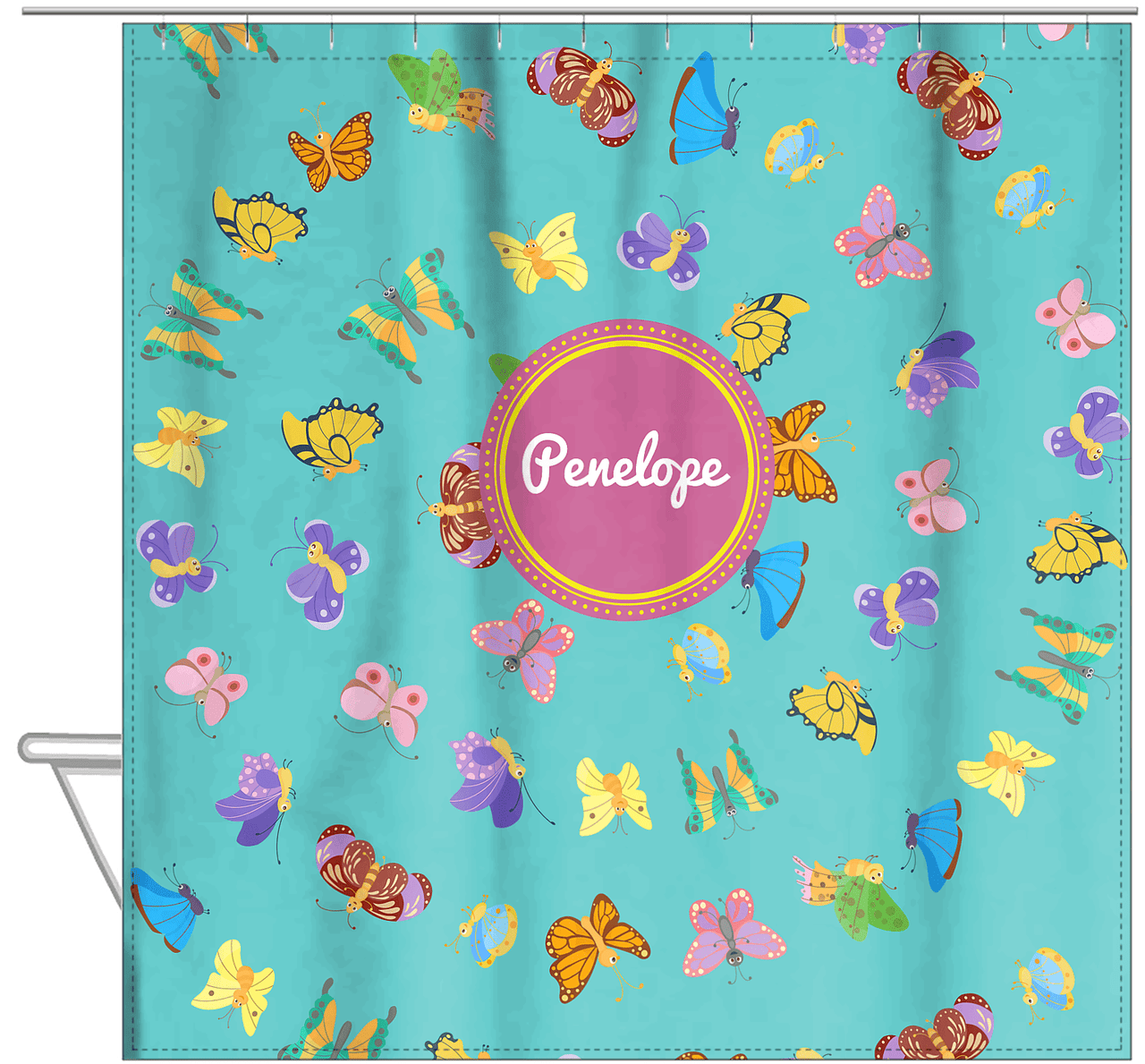 Personalized Butterfly Shower Curtain III - Teal Background - Circle Nameplate - Hanging View