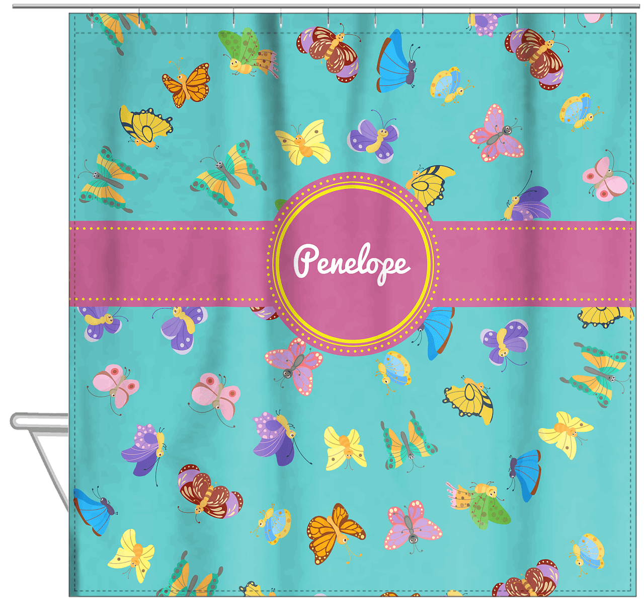 Personalized Butterfly Shower Curtain III - Teal Background - Circle Ribbon Nameplate - Hanging View