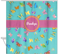 Thumbnail for Personalized Butterfly Shower Curtain III - Teal Background - Circle Ribbon Nameplate - Hanging View